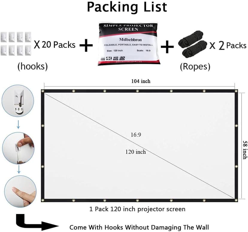 120 inch Projector Screen 16:9 Foldable Anti-Crease Portable Projector Movies Screens for Home Theater Outdoor Indoor Support Double Sided Projection