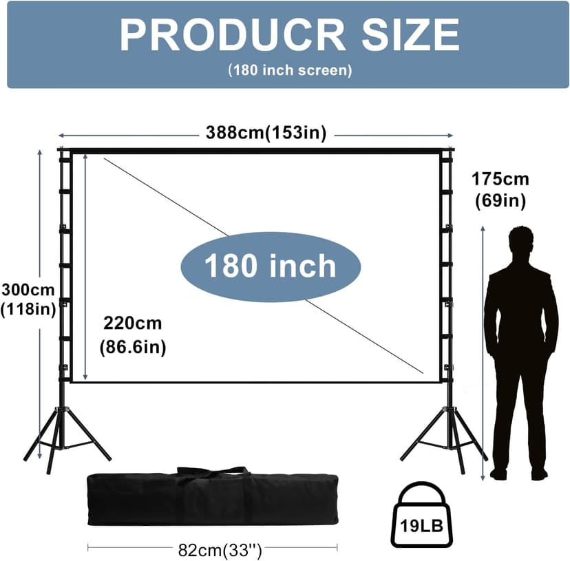 180 inch Projector Screen and Stand, 15FT Large Indoor Outdoor Movie Projection Screen 4K HD 16: 9 Anti Crease Design for Backyard Movie Night Easy to Clean, 1.1Gain, 160° Viewing Angle & A Carry Bag