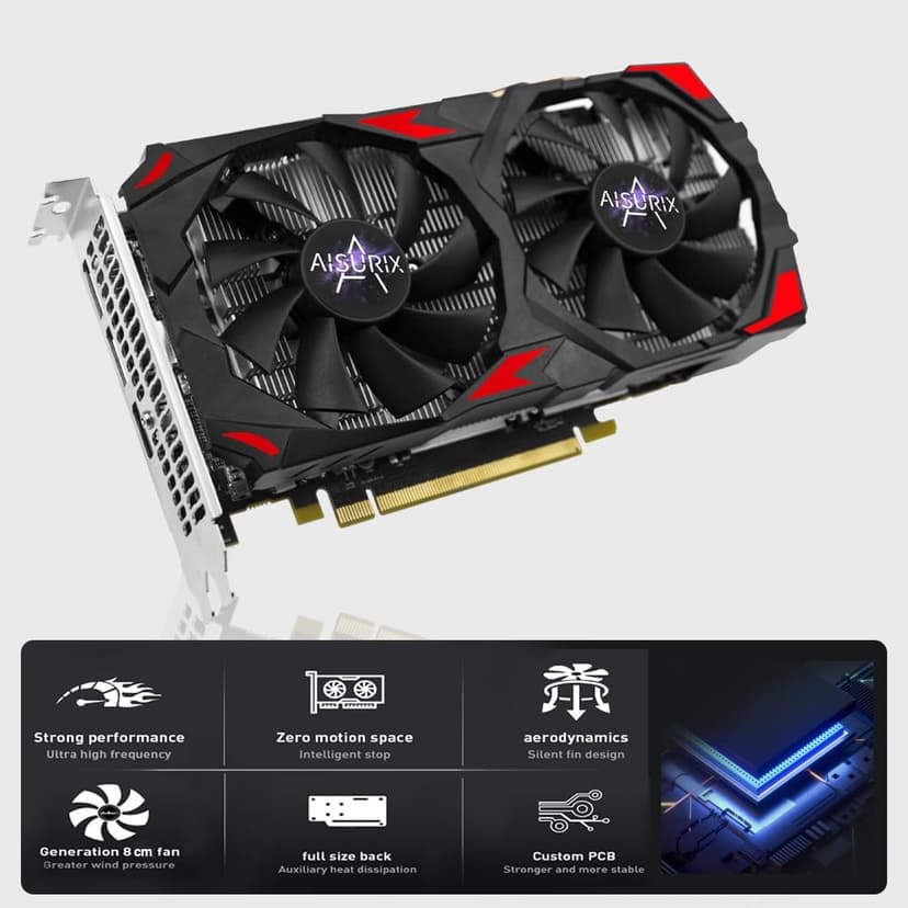 AISURIX RX 580 Graphics Card, 2048SP, Real 8GB, GDDR5, 256 Bit, Pc Gaming Video Card, 2XDP, HDMI, PCI Express 3.0 with Freeze Fan Stop for Desktop Computer Gaming Gpu