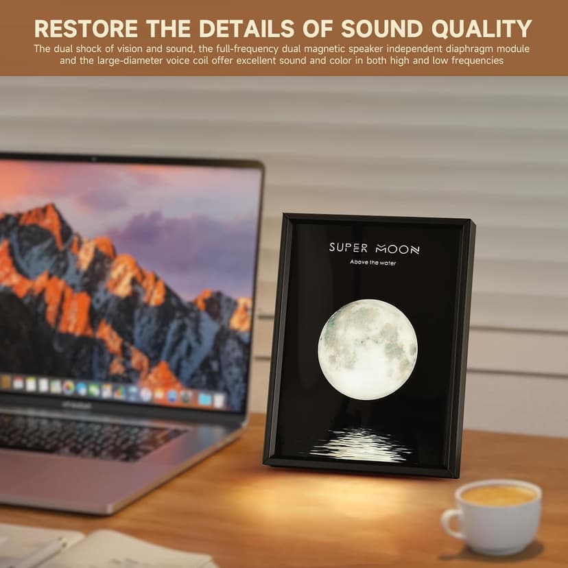 Super Moon Wireless Bluetooth Speaker Wall Art, LED Moon Light Decoration, Black Frame with Music Player Gift