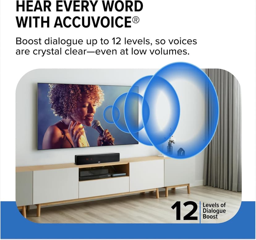 ZVOX Dialogue Clarifying Sound Bar - Patented Hearing Technology, AccuVoice TV Sound Bar with 12 Levels of Voice Boost, 17" Home Theater TV Speakers, Ideal for Smart TVs - AV157 Black
