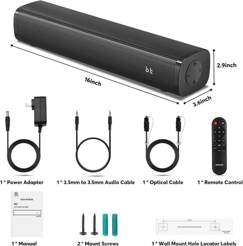 Wohome 2.1ch Small Sound Bars for TV with 6 Levels Voice Enhancement, Built-in Subwoofer, 16 Inches Bluetooth 5.3 Soundbar Speakers with Optical/AUX/USB Connection, S100
