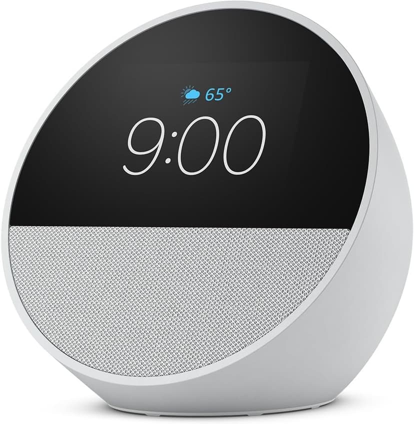 Amazon Echo Spot (newest model), Great for nightstands, offices and kitchens, Smart alarm clock with Alexa, Glacier White