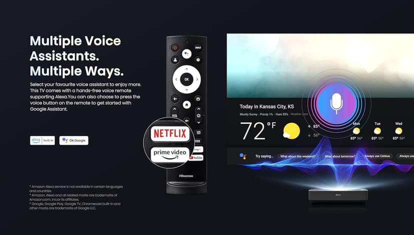 Hisense PL1 Ultra Short Throw Home Theater Smart Projector, 80"-120", 4K UHD, Dolby Vision & Atmos, HDR10, Google TV, Netflix, 2200 ANSI Lumens (Renewed)