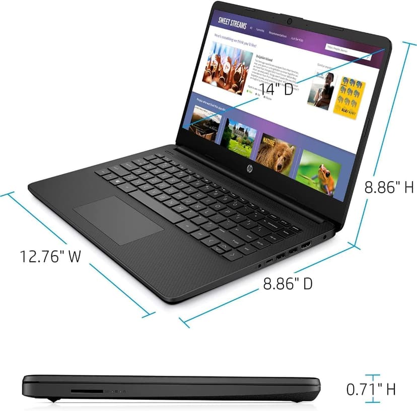HP New 14" HD Ultra Light Thin Laptop, Quad-Core Intel Celeron Processor, 4GB RAM, 128GB (64GB eMMC+ 64GB Card), Wi-Fi, Upto 11 Hours, Windows 11 S + 1 Year Office 365+HubxcelAccessory, Black