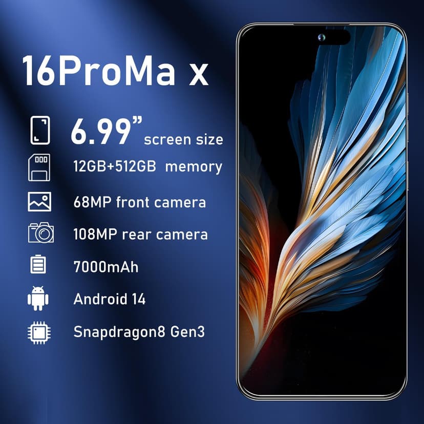 16PROMA X Smartphone New Upgrade 12GB+512GB/6.99" Display 68+108MP Zoom Camera,Tempered Glass Finish, 7000mAh Android 14 Smartphone (Green)
