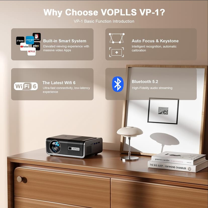 [Netflix Official & Auto Focus/Keystone] Smart Projector with WiFi and Bluetooth, VOPLLS 700ANSI Native 1080P Outdoor Projector, 50% Zoom Home Theater Movie Projector for Bedroom/iOS/Android