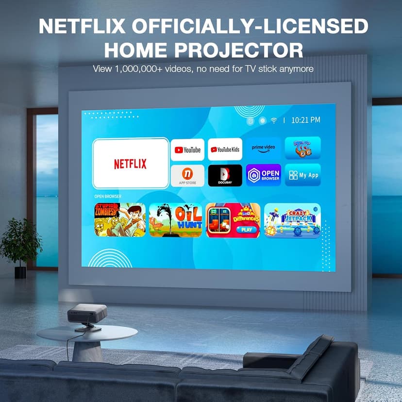 [Netflix Officially&AI Auto Focus]AuKing Smart Projector with Wifi and Bluetooth,Auto Focus&Keystone Projector4K,3D DoIby Audio, 800ANSI Outdoor Projector with Omnidirectional Rotating Stand(Grey)