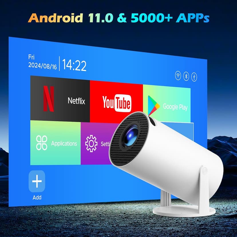 Mini Projector with WiFi and Bluetooth, Portable Projector Full HD 4K Support with Automatic Vertical Keystone Correction 270° Rotation Projector and Android 11.0 Smart Projector