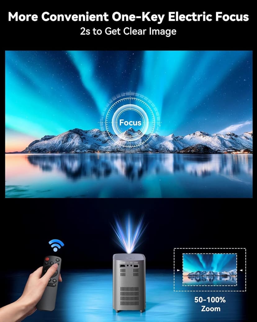[One-Button Focus] Mini Projector with 5G WiFi and Bluetooth, 4K Outdoor Smart Projector with Carry Bag, Portable Movie Projector with Zoom, Home Theater Projector for Phone/TV Stick/PC