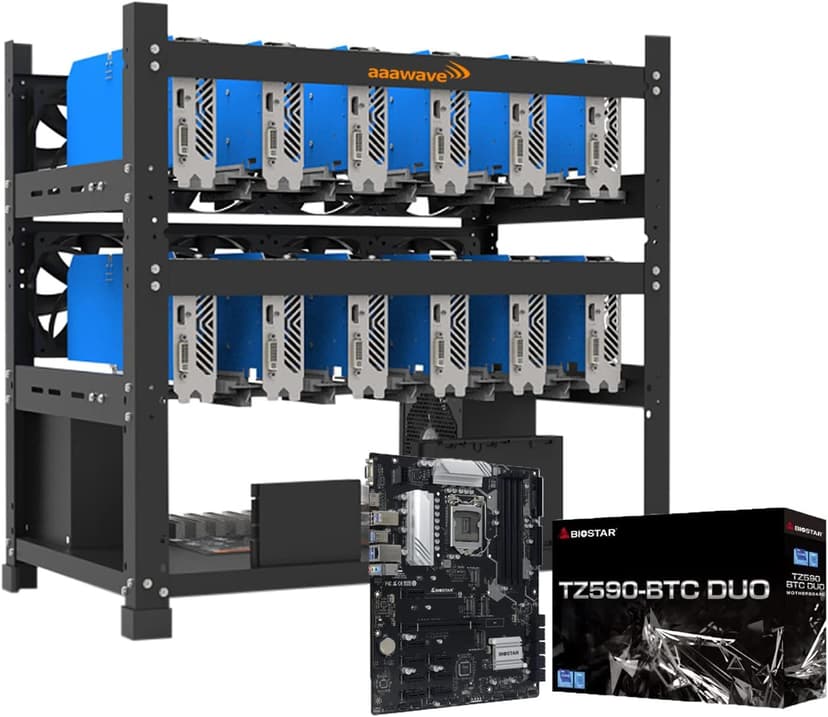 12GPU Open Frame Mining Rig Frame Chassis with Biostar TZ590-BTC Duo Motherboard for Crypto Currency Mining