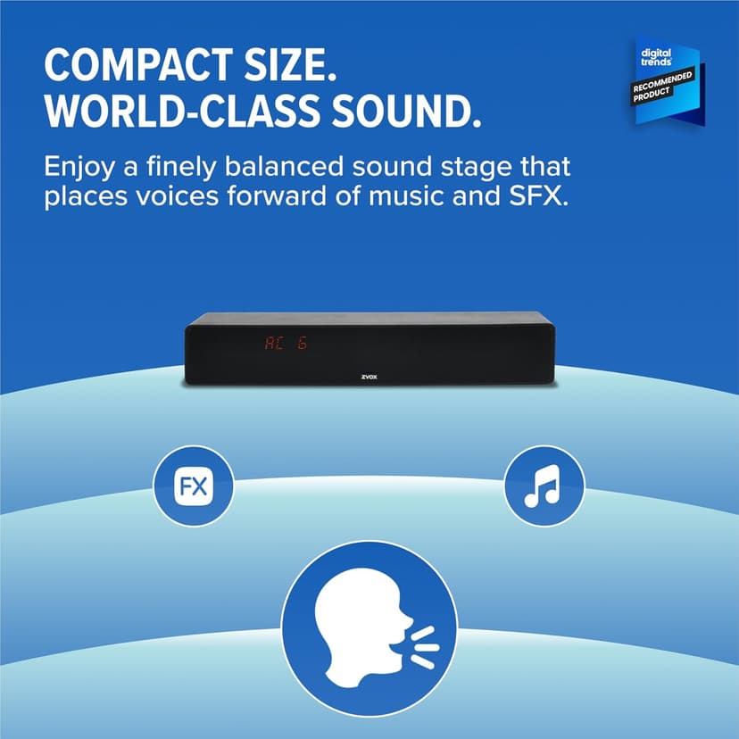 ZVOX Dialogue Clarifying Sound Bar - Patented Hearing Technology, AccuVoice TV Sound Bar with 12 Levels of Voice Boost, 17" Home Theater TV Speakers, Ideal for Smart TVs - AV157 Black