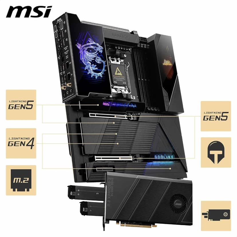 MSI MEG X870E GODLIKE, E-ATX - Supports AMD Ryzen 9000/8000/7000 Processors, AM5 - Dynamic Dashboard III, EZ Slide M.2, 110A SPS, DDR5 Memory (9000+ MT/s OC), M.2 & PCIe 5.0, USB4, Wi-Fi 7, 10G LAN