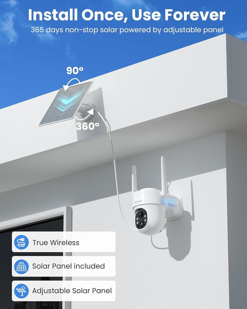 Solar Security Cameras Wireless Outdoor, 3MP Pan Tilt 360°WiFi Camera with Color Night Vision/PIR Sensor/2-Way Audio/Alexa/Google Assistant