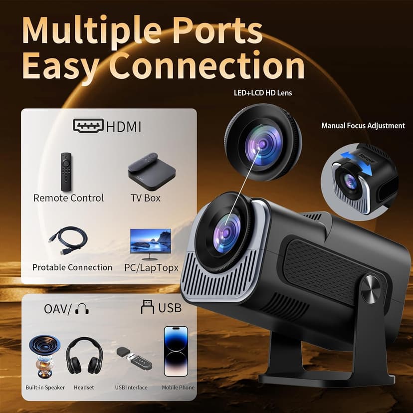 [Built-in App] Mini Projector 1080P Full HD, 4K Projector with 180° Rotation, Portable Projector WiFi 6 & Bluetooth 5.2 Support,Featuring Auto Keystone Correction,HDMI/USB Connectivity Projector Black