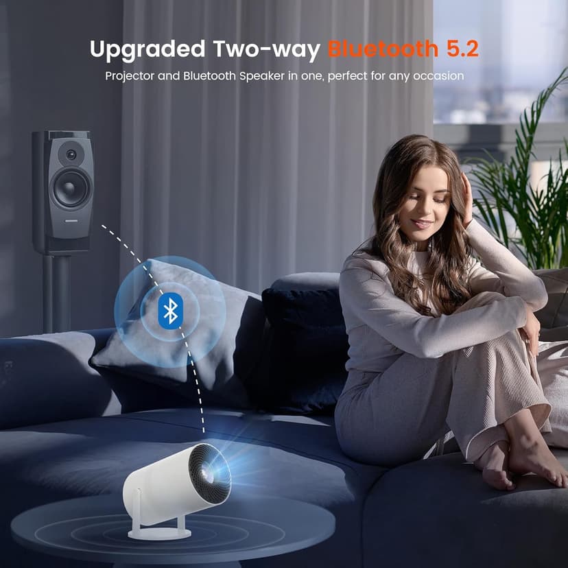 Mini Projector with Two-way Bluetooth, Portable Movie Projector with 180° Rotatable, 1080P HD Supported, Auto Vertical Keystone, Compatible with Smartphone, TV Stick, Laptop, HDMI, USB