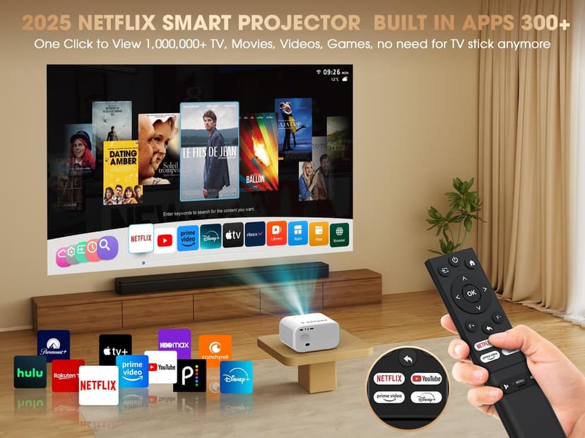 E1 Pro Netflix-Certified Smart Projector, 550 ANSI Lumens, WiFi Bluetooth, Auto Focus & Keystone, Native 1080P & 4K Support, Full-Sealed Optical Engine, Portable Home Theater for Indoor/Outdoor