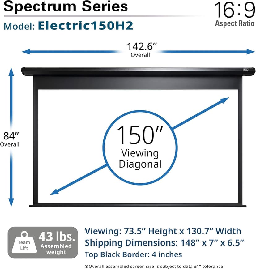 Projector Screen Elite Screens Spectrum, 150-INCH Diag 16:9, Motorized Projection Screen Movie Home Theater 4K/8K Ultra HD Ready, ELECTRIC150H2