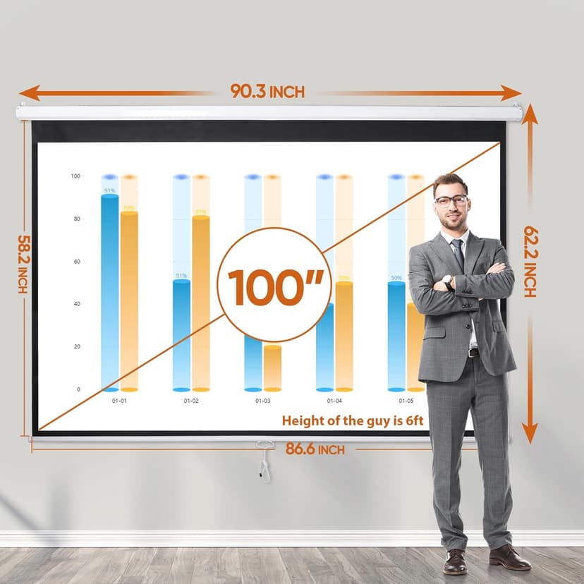 ZENY Portable Projector Screen Pull Down, 100 Inch 16:10 Video Projection Screen Home Theater, Retractable Projector Screen, Moive Screen Indoor Outdoor, Wall Mount (100'' 16:10 White)