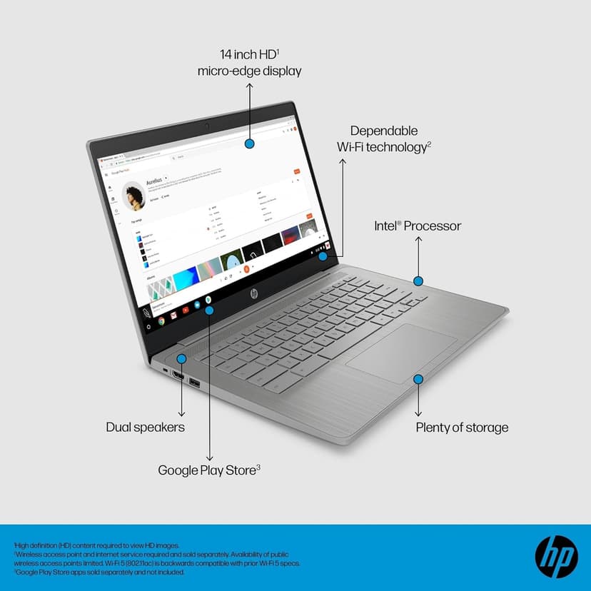 HP Chromebook 14 Laptop (14" HD, Intel 4-Core Celeron N4120, 4GB RAM, 64GB SSD, UHD Graphics 600) for Home & Student, Light Weight & 14-Hr Battery Life, Webcam, Wi-Fi, IST HUB, Chrome OS, Grey