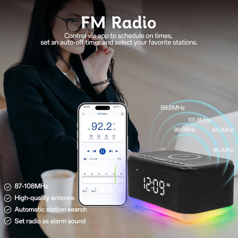 Bluetooth Alarm Clock Radio Bedroom, Digital Dual Alarm Clock Bedroom, Up to 10 Alarms Clock Night Light Speaker App/Button Control FM Charge Snooze Adjustable Volume Dim 12/24H, Black
