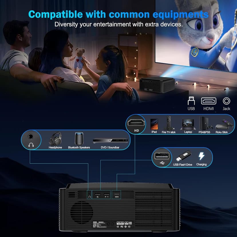 [1500 ANSI] Dess 4K Projector with WiFi 6 and Bluetooth, Home Outdoor Electric Stand Movie Proyector, Auto Focus & Keystone, Native 1080P, High Contrast, Smart Projector with Netflix & Google Tv