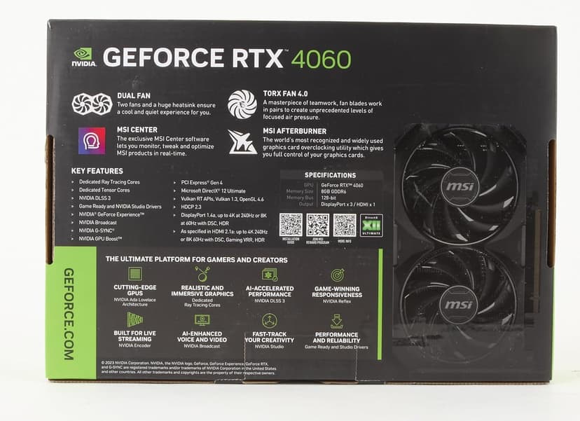 MSI GeForce RTX 4060 Ventus 2X Black 8G OC Gaming Graphics Card - 8GB GDDR6X, PCI Express Gen 4, 128-bit, 3X DP v 1.4a, HDMI 2.1a (Supports 4K & 8K HDR)
