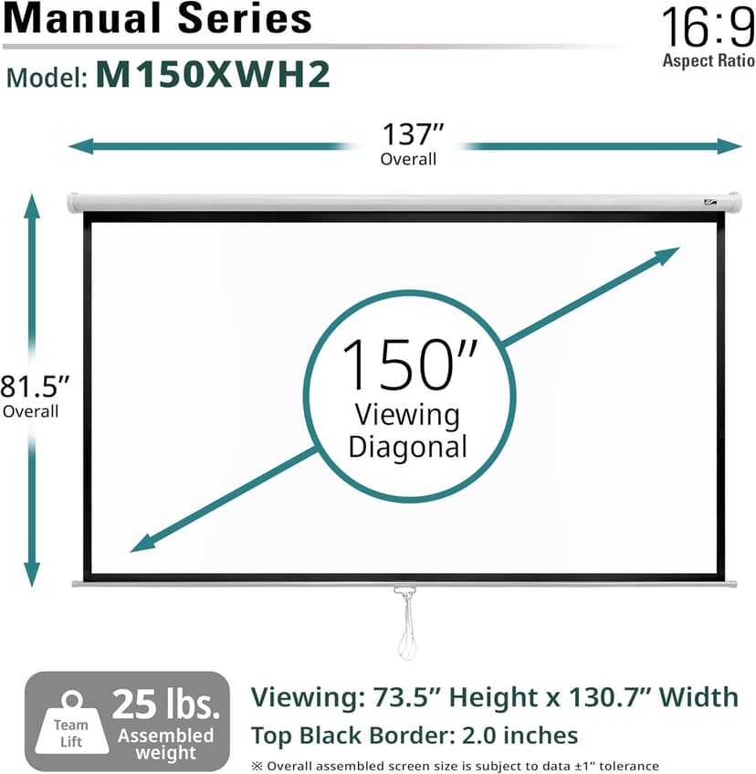 Elite Screens Manual Series, 150-INCH 16:9, Pull Down Manual Projector Screen with AUTO LOCK, Movie Home Theater 8K / 4K Ultra HD 3D Ready, 2-YEAR WARRANTY, M150XWH2,White