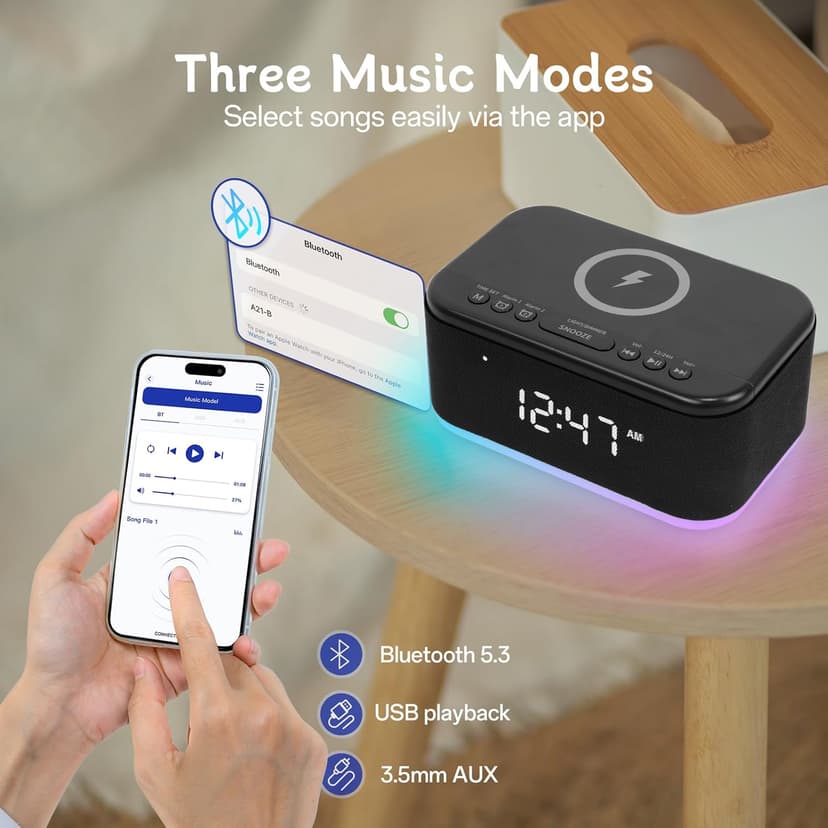 Bluetooth Alarm Clock Radio Bedroom, Digital Dual Alarm Clock Bedroom, Up to 10 Alarms Clock Night Light Speaker App/Button Control FM Charge Snooze Adjustable Volume Dim 12/24H, Black