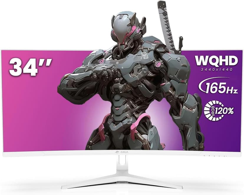 CRUA 34'' White Gaming Monitor 165Hz/144Hz 21:9 1500R Ultrawide Curved Monitor, WQHD 3440X1440 120%sRGB VA Panel Computer Monitor Support Freesync, PIP/PBP, HDMI2.0 & DP1.4, Wall Mount&Tilt Adjustable