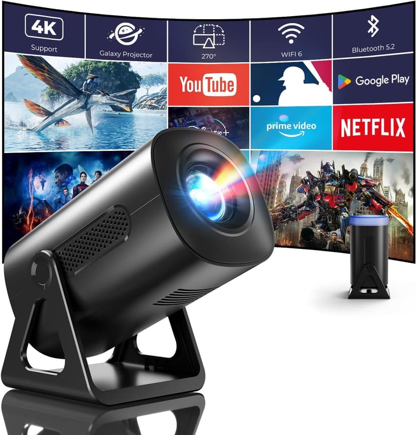 CLOKOWE Mini Projector, 4K 1080P Support projector with wifi and bluetooth, 270°Adjustable Stand Outdoor Home Theater galaxy Projector with Android TV OS & 8000+APPS for Phone/TV Stick/Laptop/HDMI