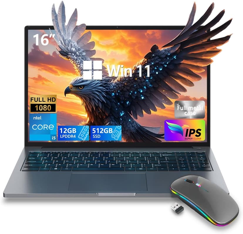 ZOLWAYTAC Gaming Laptop 16" Ultra-Slim - Intel Core i5-(Up to 3.5GHz), 12GB DDR4 + 512GB SSD, 1920x1200 IPS 16:10 Display, WiF& BT, HDMI/Type-C - Aluminum Laptop for Work & Play