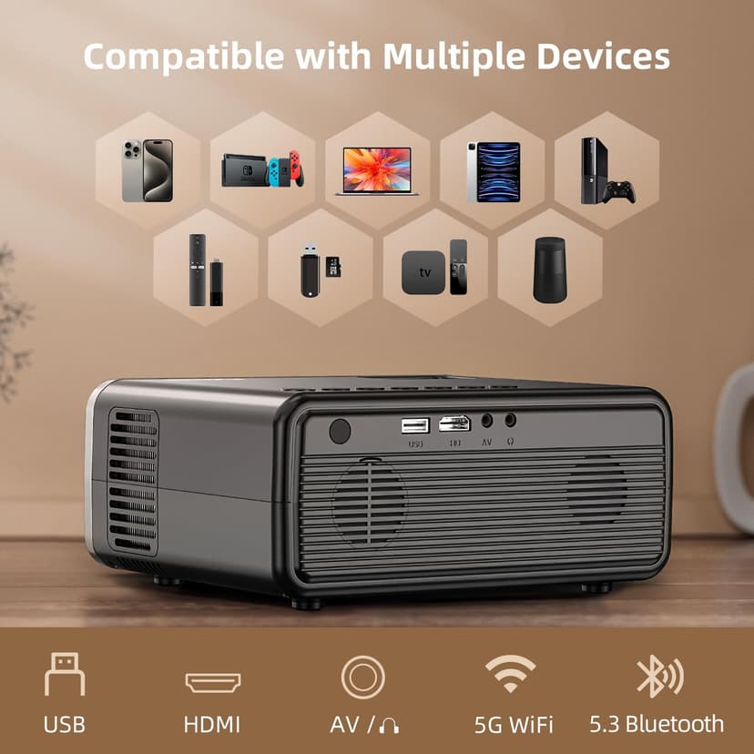 FUDONI Projector with WiFi and Bluetooth 4K Supported, Upgraded Outdoor Movie Projector Native 1080P 12000L,Portable Video Projector for Home Theater,Compatible w/HDMI/USB/iOS/Android/Windows/TV Stick