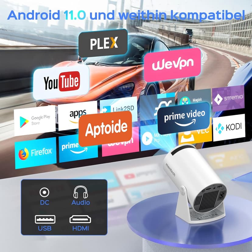 Mini Projector With WiFi and Bluetooth, 180 Rotatable Portable, 150" Smart With Android TV 11.0, 1080P Support 4K Decoding, 2.4G/5G WiFi6, Auto Keystone for Home Theater, White