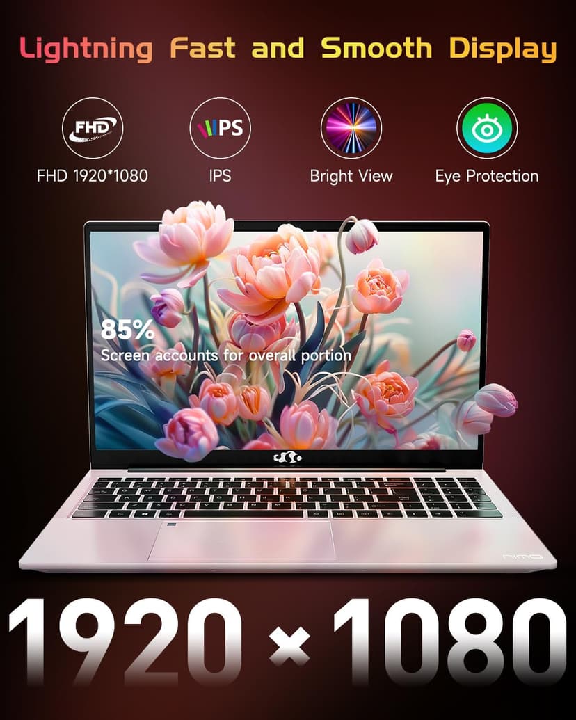 NIMO 15.6 IPS FHD-Laptop, 16GB RAM 1TB SSD Intel Pentium Quad Core N100, Computer with Backlit Keyboard Fingerprint (Beat to i3-1115G4 Up to 3.4GHz) Laptops for Student, Win 11 Rose Gold