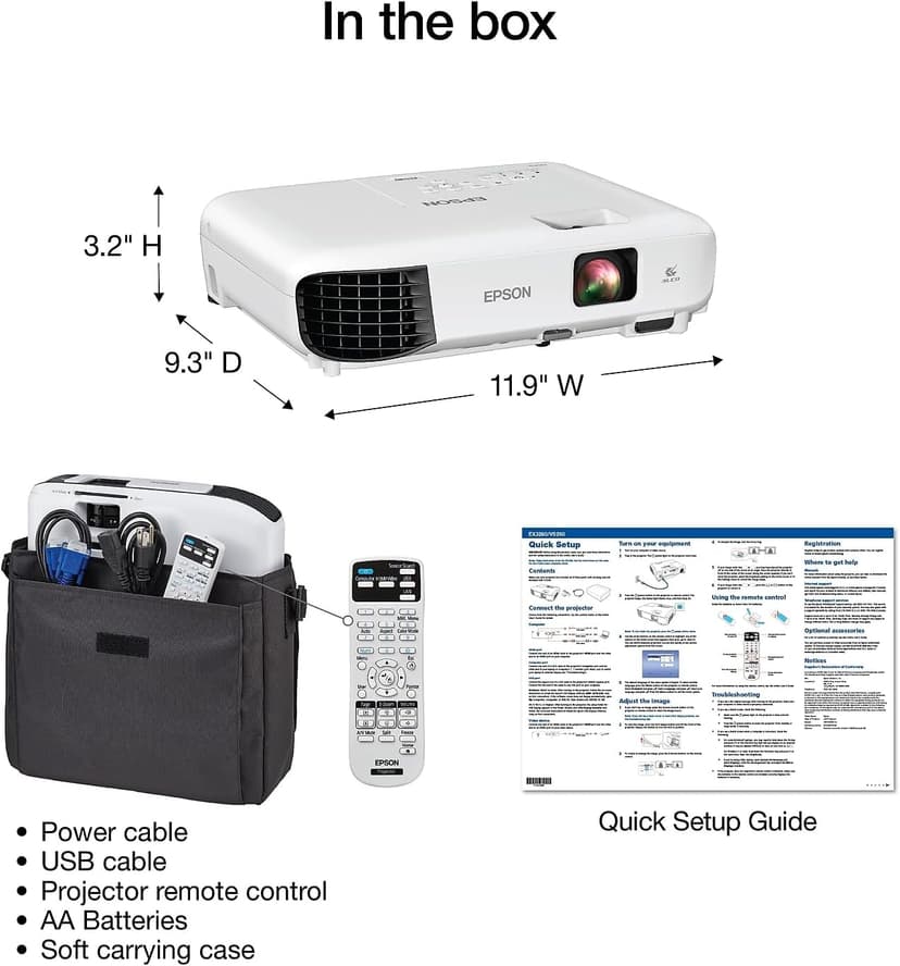 Epson EX3280 3-Chip 3LCD XGA Projector, 3,600 Lumens Color Brightness, 3,600 Lumens White Brightness, HDMI, Built-in Speaker, 15,000:1 Contrast Ratio