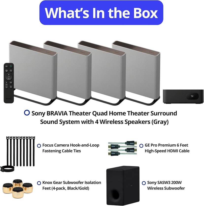 Sony BRAVIA Theater Quad Home Theater Surround Sound System with 4 Wireless Speakers (Gray) Bundle SASW3 Wireless Subwoofer, Monitor Isolation Pads, HDMI Cable, and Cable Ties (5 Items)