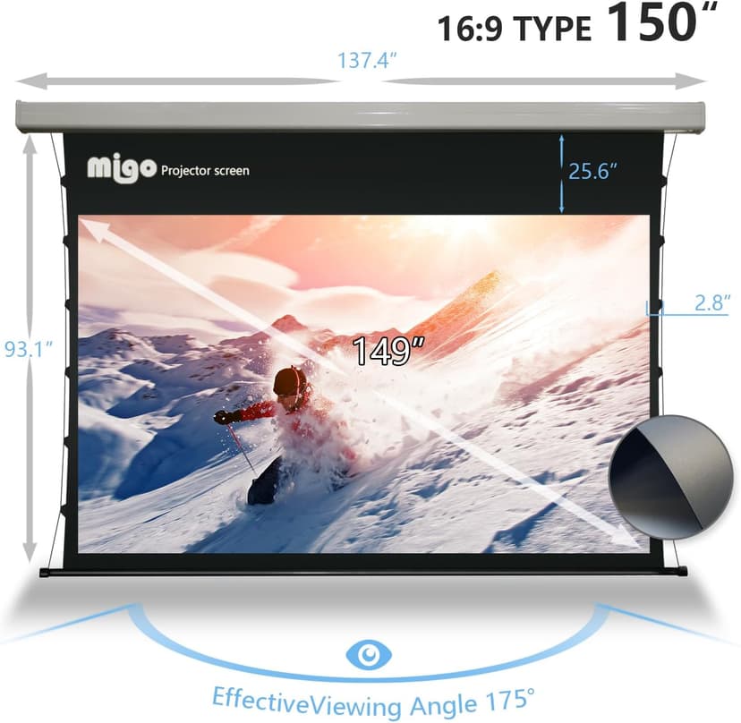 150 Inch Pull Down Projector Screen, Grey Crystal 2.0 Gain Partial Ambient Light 4K HD Tab-Tensioned Projector Screen Wall Mount Ceiling Mount for Short Throw Projector Movie Home Theater Cinema