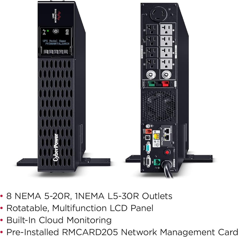 CyberPower PR3000RTXL2UACN Smart App Sinewave UPS System, 3000VA/3000W, 9 Outlets, 2U Rack/Tower, RMCARD205 Pre-Installed, EBM Option, Built-in Cloud