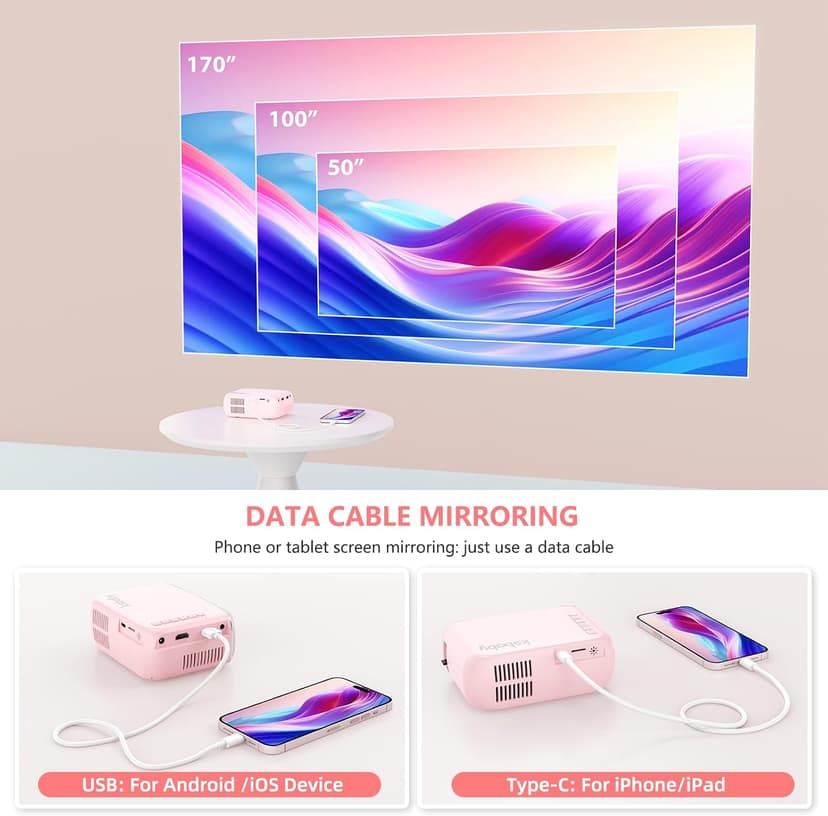 Mini Projector for Outdoor Portable Projectors, SmartPhone Screen Can be Mirrored to The Projector Through a Data Cable, Movies-Projector Compatible with HDMI, USB, Type-C, Laptop, TV Stick