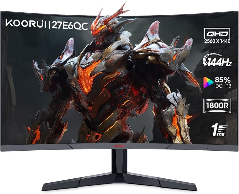 KOORUI Gaming Monitor, QHD 2560P Computer Monitor, 144Hz 27 Inch Monitor (1ms, 1800R Curved VA Panel, DP1.2+HDMI*2, AdaptiveSync, Narrow Bezel with Ultra-Thin), Tilt Adjustable,Eye Care