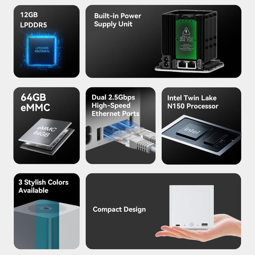 Beelink ME Mini PC, Desktop NAS Intel N150 12G LPDDR5 64G EMMC, 2TB M.2 PCIe 3.0x2 SSD, 6 x M.2 SSD Slots, Dual 2.5G LAN/File Server/NAS Storage/Network Attached Storage/Private Cloud/Network Storage
