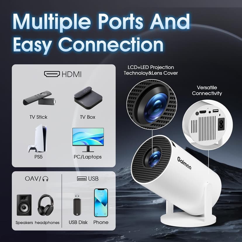 [Built-in App] Mini Projector 1080P FHD 4K Support Projector with Mouse Portable Projector with WiFi and Bluetooth 180° Adjustable Auto Keystone HDMI/TV Stick/PS5/Laptop, with HDMI Cable & Mouse