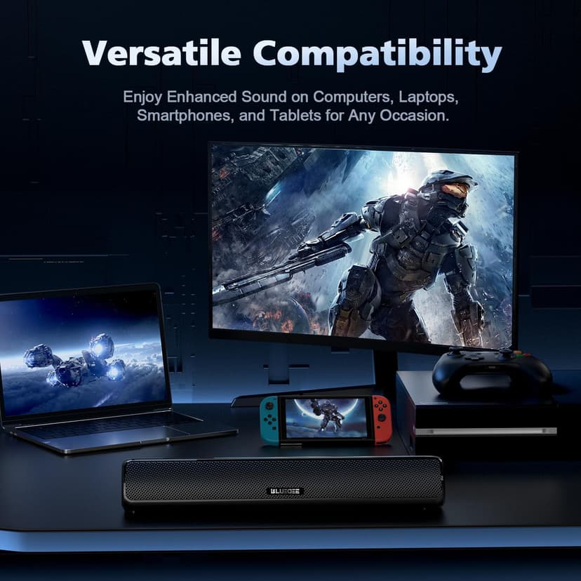 Computer Speakers for Desktop PC, HiFi Stereo Poratble Bluetooth Speaker, Computer Soundbar, 3.5mm Aux-in Computer Sound Bar with Deep Impactful Bass, Gaming Speakers for PC,Laptop,Tablet