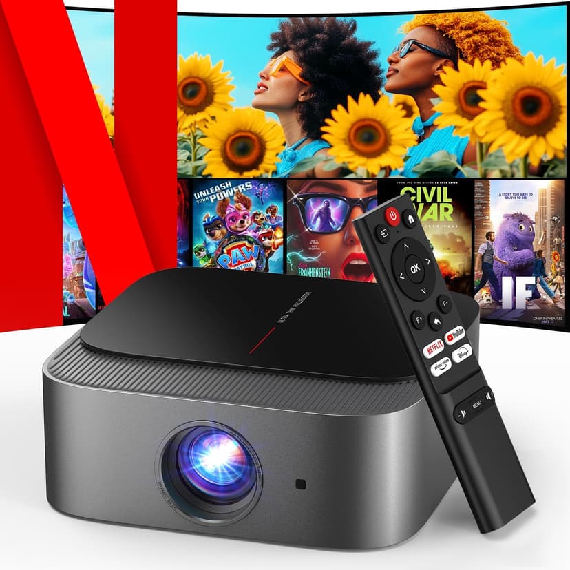 [2025 Netflix-Official | 386+ Built-in Apps] DBPOWER E2 Smart Projector with WiFi and Bluetooth, Mini Projector 4K with Netflix, Youtube, Disney+, Hulu, Max, Crunchyroll w Portable Case