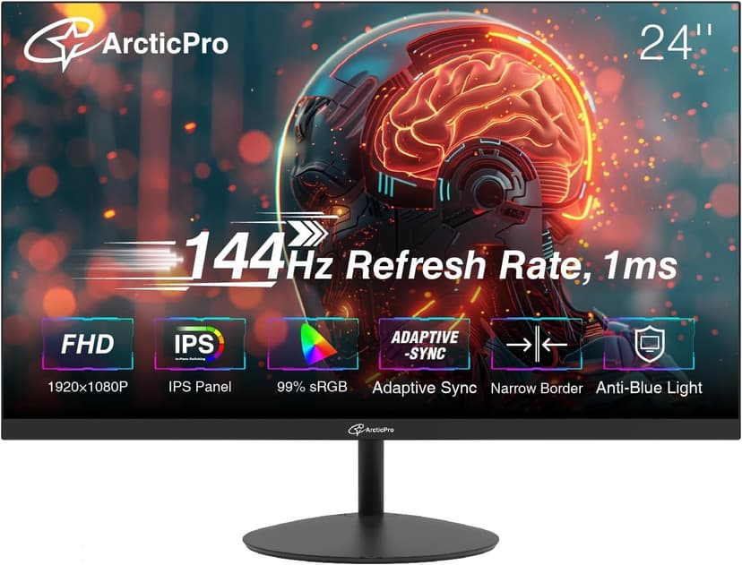 24inch Computer Monitor, FHD 1080p, 144Hz Office and Gaming Monitor, IPS, Adaptive Sync, 110% sRGB, 1ms, 3-Sided Frameless, Ultra Slim, VESA Mountable, Anti-Blue Light Design, HDMI, DP