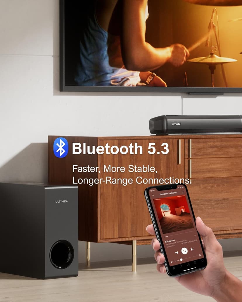 ULTIMEA 4.1ch Sound Bar for Smart TV with Subwoofer, Peak Power 200W, 2-in-1 Detachable Soundbar for TV, Bluetooth 5.3, Bass Adjustable, 3 EQ Modes TV Sound Bar, HDMI ARC/Optical/Aux, Apollo S50