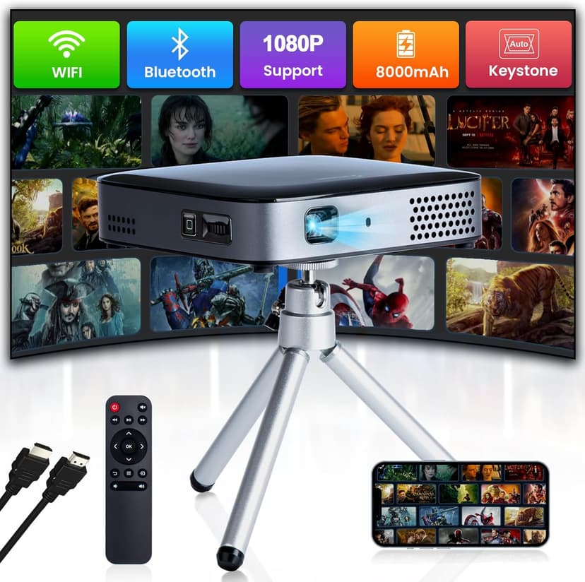 【3H Playtime】Ultra Mini Pocket Pico Projector - Come with Rechargeable Battery Speaker & Tirpod, 1080P Support Portable Wireless LED DLP Movie & Video Travel Projector, connects to iPhone and Android