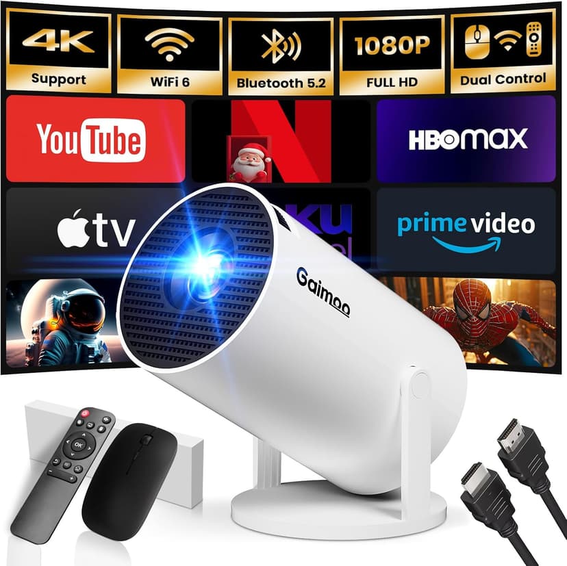 [Built-in App] Mini Projector 1080P FHD 4K Support Projector with Mouse Portable Projector with WiFi and Bluetooth 180° Adjustable Auto Keystone HDMI/TV Stick/PS5/Laptop, with HDMI Cable & Mouse