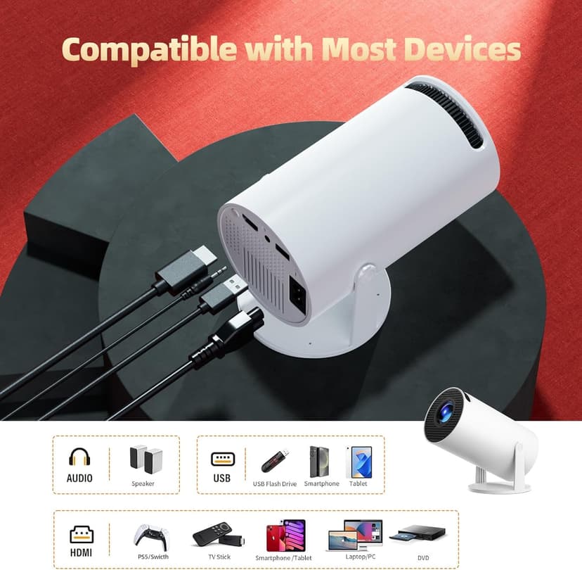 Mini Projector with WiFi and Bluetooth, Portable Projector Full HD 4K Support with Automatic Vertical Keystone Correction 270° Rotation Projector and Android 11.0 Smart Projector